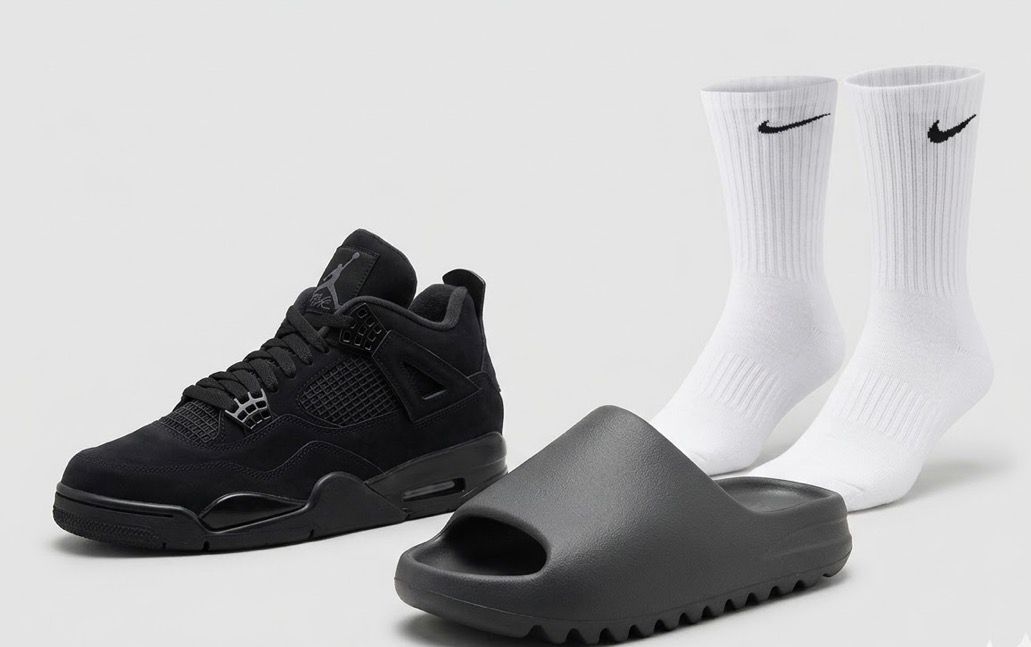 Jordan 4s + yeezy slides + Nike socks