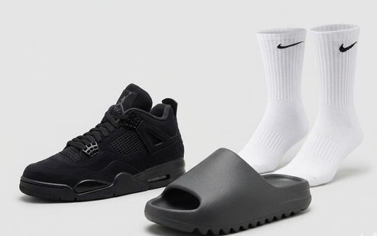Jordan 4s + yeezy slides + Nike socks